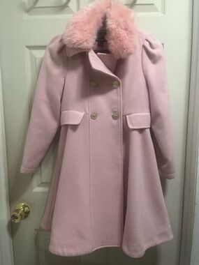 Girl’s Pink Double-Breasted Wool Coat with Faux Fur Collar
